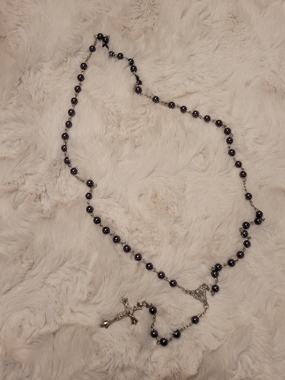 Classic Grey Pearl Bead Rosary Necklace with Silver Crucifix 19.5" Long